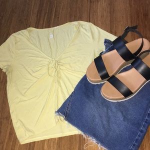 yellow half draw string v neck